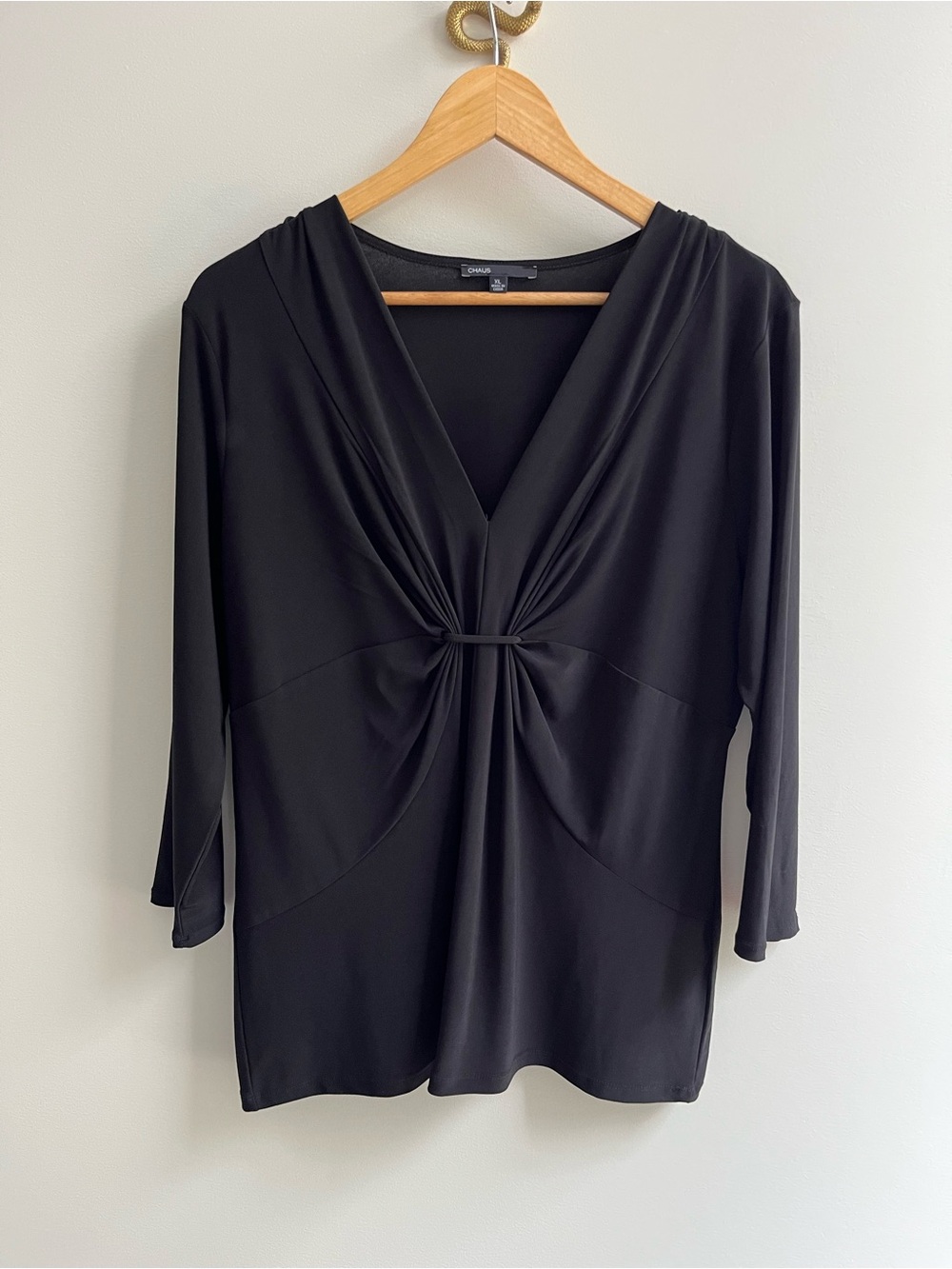 Chaus Gathered Stretch Jersey V Neck Top Black XL